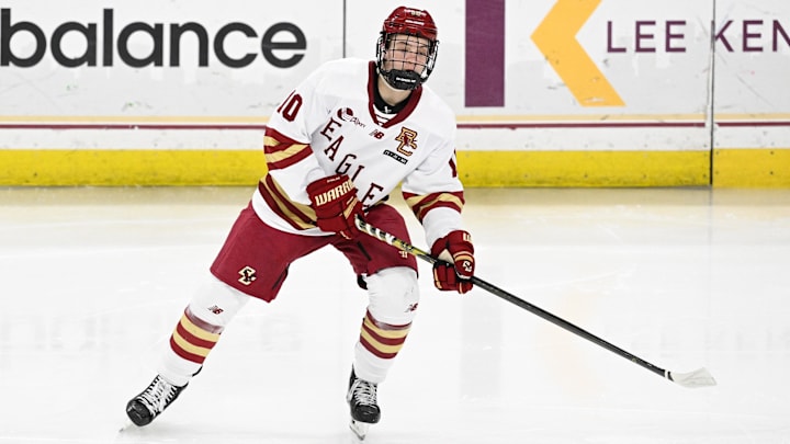 Feb 28, 2025; Chestnut Hill, MA, USA; Boston College forward James Hagens (10) skates against the University of New Hampshire Wildcats during the second period at Conte Forum. Mandatory Credit: Eric Canha-Imagn Images