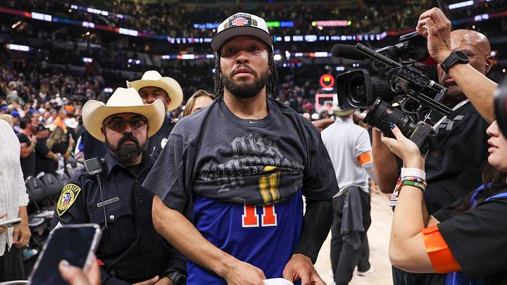 Jun 13, 2026; San Antonio, Texas, USA; New York Knicks guard Jalen Brunson (11) walks off the court after the Knicks defeat the San Antonio Spurs during game five of the 2026 NBA Finals at Frost Bank Center. Mandatory Credit: Geoff Burke-Imagn Images Jun 13, 2026; San Antonio, Texas, USA; New York Knicks guard Jalen Brunson (11) walks off the court after the Knicks defeat the San Antonio Spurs during game five of the 2026 NBA Finals at Frost Bank Center. Mandatory Credit: Geoff Burke-Imagn Images
