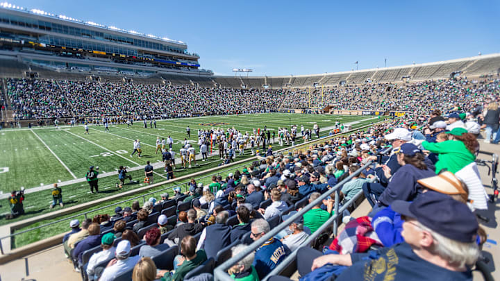 Apr 12, 2025; Notre Dame, IN, USA; Fans sit in the lower bowl during the Blue-Gold game at Notre Dame Stadium. Mandatory Credit: Michael Caterina-Imagn Images