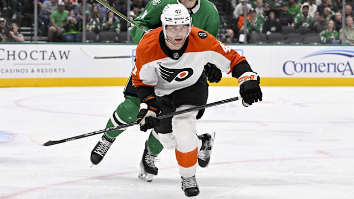 Nov 15, 2025; Dallas, Texas, USA; Philadelphia Flyers defenseman Noah Juulsen (47) skates against the Dallas Stars during the game between the Stars and the Flyers at the American Airlines Center. Nov 15, 2025; Dallas, Texas, USA; Philadelphia Flyers defenseman Noah Juulsen (47) skates against the Dallas Stars during the game between the Stars and the Flyers at the American Airlines Center.