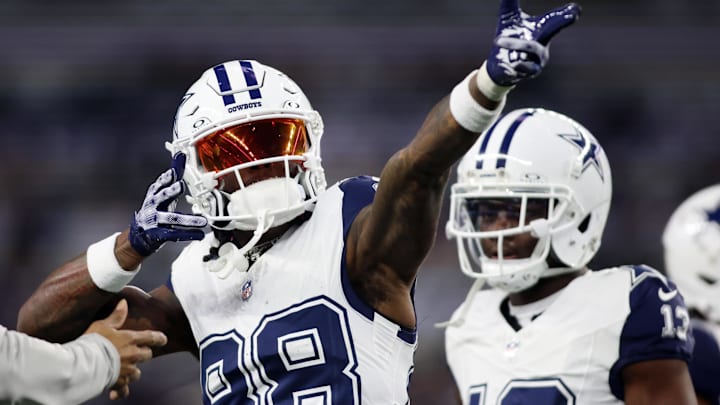 Dec 10, 2023; Arlington, Texas, USA; Dallas Cowboys wide receiver CeeDee Lamb (88) reacts before the game against the Philadelphia Eagles at AT&T Stadium. 
