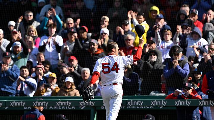 Apr 8, 2026; Boston, Massachusetts, USA; Boston Red Sox starting pitcher Sonny Gray (54) salutes fans after being relieved of pitching duties during the seventh inning against the Milwaukee Brewers at Fenway Park. Mandatory Credit: Eric Canha-Imagn Images