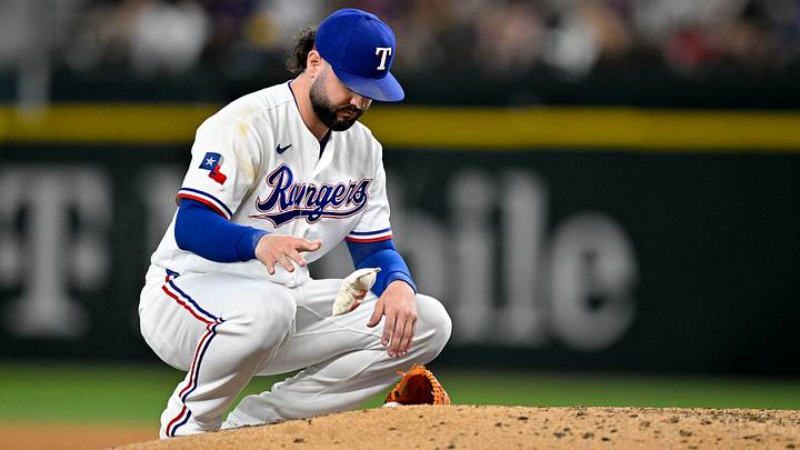Sep 16, 2026: Texas Rangers relief pitcher Jakob Junis (16) reacts to giving up a run to the Boston Red Sox on a balk during the fifth inning at Globe Life Field. Credit: Jerome Miron-Imagn Images