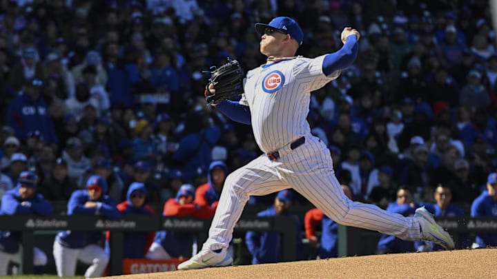 Apr 6, 2024; Chicago, Illinois, USA; Chicago Cubs pitcher Jordan Wicks (36) delivers during the Apr 6, 2024; Chicago, Illinois, USA; Chicago Cubs pitcher Jordan Wicks (36) delivers during the