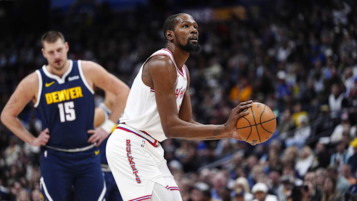 Dec 15, 2025; Denver, Colorado, USA; Houston Rockets forward Kevin Durant (7) prepares to shoot a technical foul in the first quarter against the Denver Nuggets at Ball Arena. Mandatory Credit: Ron Chenoy-Imagn Images Dec 15, 2025; Denver, Colorado, USA; Houston Rockets forward Kevin Durant (7) prepares to shoot a technical foul in the first quarter against the Denver Nuggets at Ball Arena. Mandatory Credit: Ron Chenoy-Imagn Images