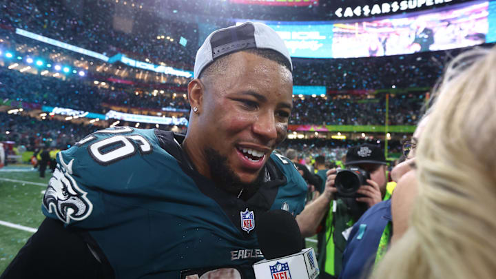 Philadelphia Eagles running back Saquon Barkley on Feb 9, 2025.