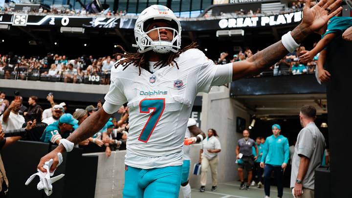 Miami Dolphins wide receiver Caleb Douglas (7) walks onto the field before the game against the Las Vegas Raiders at Allegiant Stadium. Miami Dolphins wide receiver Caleb Douglas (7) walks onto the field before the game against the Las Vegas Raiders at Allegiant Stadium.