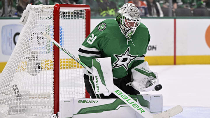 May 21, 2025; Dallas, Texas, USA; Dallas Stars goaltender Jake Oettinger (29) makes a save against the Edmonton Oilers in the first period during game one of the Western Conference Final of the 2025 Stanley Cup Playoffs at American Airlines Center. Mandatory Credit: Jerome Miron-Imagn Images
