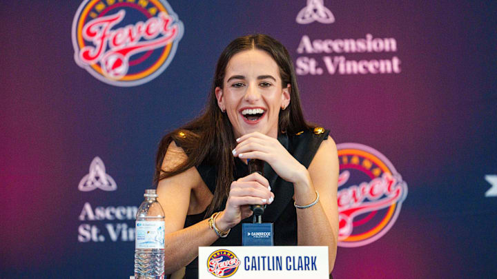April 17, 2024; Indianapolis, IN, USA; Indiana Fever player Caitlin Clark, former Iowa Hawkeye standout and the no. 1 pick in the 2024 WNBA draft, speaks Wednesday, April 17, 2024, during an introductory press conference inside the entry pavilion at Gainbridge Fieldhouse. Mandatory Credit: Mykal McEldowney-USA TODAY NETWORK April 17, 2024; Indianapolis, IN, USA; Indiana Fever player Caitlin Clark, former Iowa Hawkeye standout and the no. 1 pick in the 2024 WNBA draft, speaks Wednesday, April 17, 2024, during an introductory press conference inside the entry pavilion at Gainbridge Fieldhouse. Mandatory Credit: Mykal McEldowney-USA TODAY NETWORK