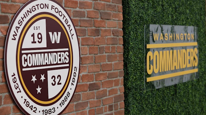Feb 2, 2022; Landover, MD, USA; A view of the new logos during a press conference revealing the Washington Commanders as the new name for the formerly named Washington Football Team at FedEx Field. Mandatory Credit: Geoff Burke-Imagn Images