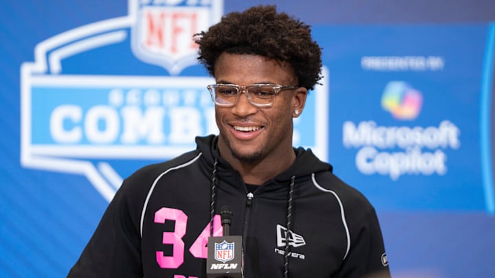 Feb 26, 2026; Indianapolis, IN, USA; Ohio State defensive back Caleb Downs (DB34) speaks to members of the media during the NFL Combine at the Indiana Convention Center. Mandatory Credit: Jacob Musselman-Imagn Images Feb 26, 2026; Indianapolis, IN, USA; Ohio State defensive back Caleb Downs (DB34) speaks to members of the media during the NFL Combine at the Indiana Convention Center. Mandatory Credit: Jacob Musselman-Imagn Images