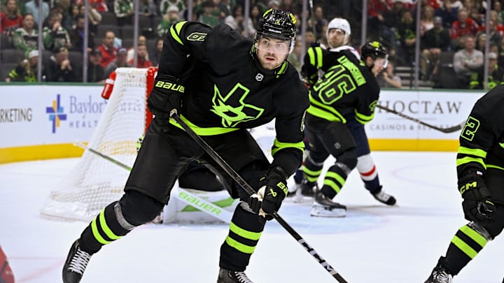 Dec 16, 2024; Dallas, Texas, USA; Dallas Stars defenseman Lian Bichsel (6) in action during the game between the Dallas Stars and the Washington Capitals at American Airlines Center. Mandatory Credit: Jerome Miron-Imagn Images