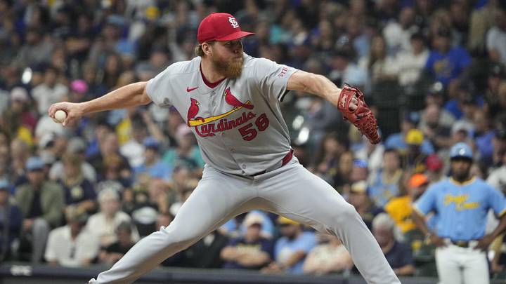 Sep 12, 2025; Milwaukee, Wisconsin, USA; St. Louis Cardinals pitcher Chris Roycroft (58) delivers a pitch against the Milwaukee Brewers in the eighth inning at American Family Field. Mandatory Credit: Michael McLoone-Imagn Images
