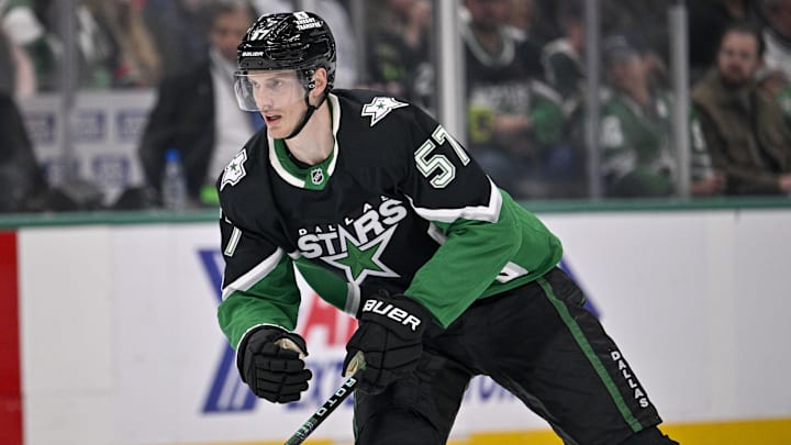 Mar 8, 2026; Dallas, Texas, USA; Dallas Stars defenseman Tyler Myers (57) skates against the Chicago Blackhawks during the game between the Stars and the Blackhawks at American Airlines Center. Mandatory Credit: Jerome Miron-Imagn Images