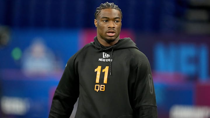 Mar 1, 2025; Indianapolis, IN, USA; Alabama quarterback Jalen Milroe (QB11) during the 2025 NFL Combine at Lucas Oil Stadium. Mandatory Credit: Kirby Lee-Imagn Images Mar 1, 2025; Indianapolis, IN, USA; Alabama quarterback Jalen Milroe (QB11) during the 2025 NFL Combine at Lucas Oil Stadium. Mandatory Credit: Kirby Lee-Imagn Images