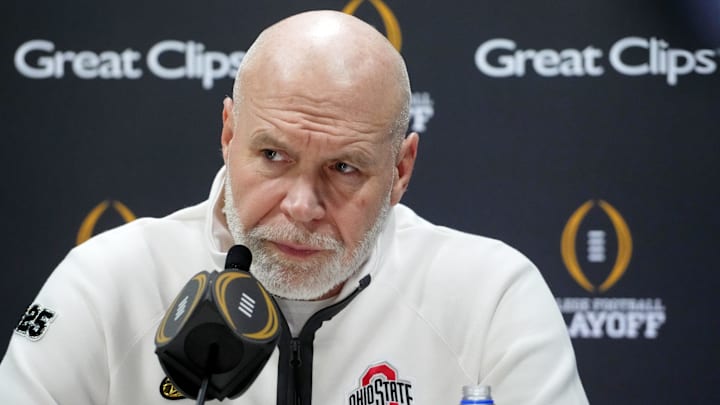 Ohio State Buckeyes defensive coordinator Jim Knowles talks to the media during 2025 CFP National Championship Media Day in Atlanta. 