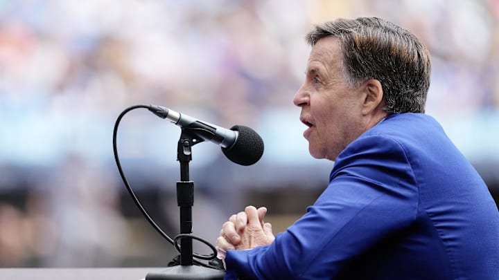 Aug 24, 2025; Milwaukee, Wisconsin, USA;  Bob Costas speaks during a celebration of Bob Uecker’s life prior to the game between the San Francisco Giants= and Milwaukee Brewers at American Family Field. Mandatory Credit: Jeff Hanisch-Imagn Images