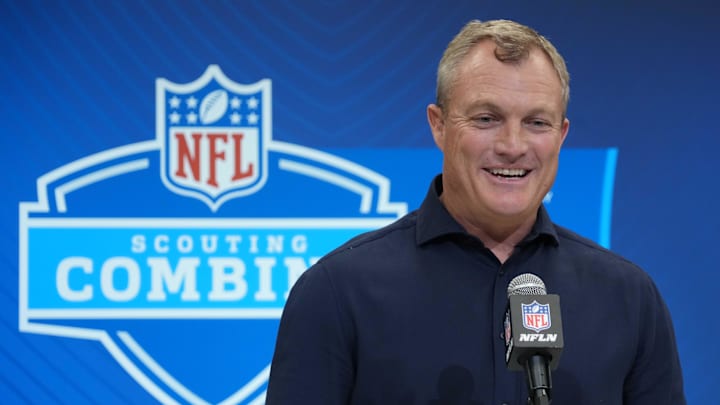 Feb 27, 2025; Indianapolis, IN, USA; San Francisco 49ers general manager John Lynch speaks during the 2025 NFL Scouting Combine at the Indiana Convention Center. Mandatory Credit: Kirby Lee-Imagn Images Feb 27, 2025; Indianapolis, IN, USA; San Francisco 49ers general manager John Lynch speaks during the 2025 NFL Scouting Combine at the Indiana Convention Center. Mandatory Credit: Kirby Lee-Imagn Images