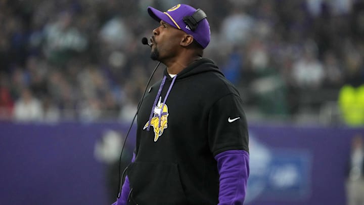 Minnesota Vikings defensive coordinator Brian Flores watches from the sidelines against the New York Jets. Minnesota Vikings defensive coordinator Brian Flores watches from the sidelines against the New York Jets.