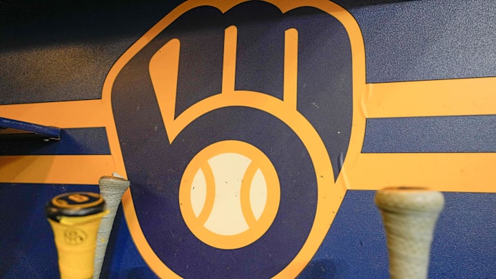 Apr 18, 2025; Milwaukee, Wisconsin, USA; General view of the Milwaukee Brewers logo in the dugout during batting practice prior to the game against the Athletics at American Family Field. Mandatory Credit: Jeff Hanisch-Imagn Images Apr 18, 2025; Milwaukee, Wisconsin, USA; General view of the Milwaukee Brewers logo in the dugout during batting practice prior to the game against the Athletics at American Family Field. Mandatory Credit: Jeff Hanisch-Imagn Images