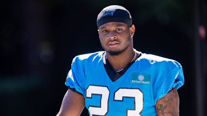 Jul 26, 2025; Charlotte, NC, USA; Carolina Panthers running back Trevor Etienne (23) walks to practice during training camp. Mandatory Credit: Scott Kinser-Imagn Images Jul 26, 2025; Charlotte, NC, USA; Carolina Panthers running back Trevor Etienne (23) walks to practice during training camp. Mandatory Credit: Scott Kinser-Imagn Images