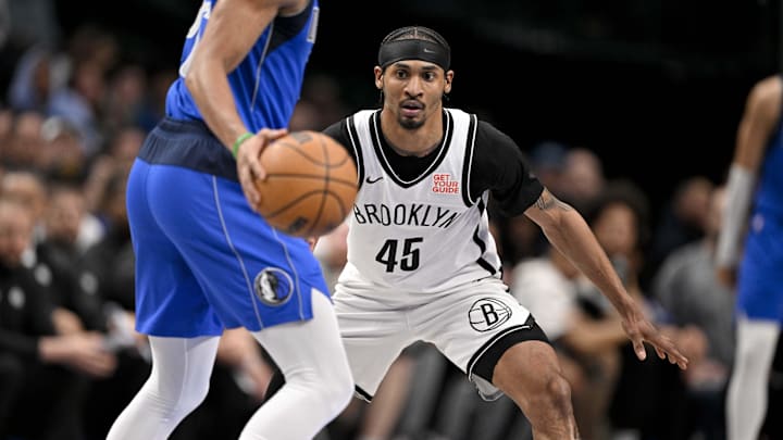Mar 31, 2025; Dallas, Texas, USA; Brooklyn Nets guard Keon Johnson (45) in action during the game between the Dallas Mavericks and the Brooklyn Nets at the American Airlines Center. Mandatory Credit: Jerome Miron-Imagn Images
