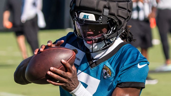 Jacksonville Jaguars wide receiver Brian Thomas Jr. (7) pulls in a pass during an NFL training camp second session at the Miller Electric Center, Thursday, July 24, 2025, in Jacksonville, Fla. [Doug Engle/Florida Times-Union]