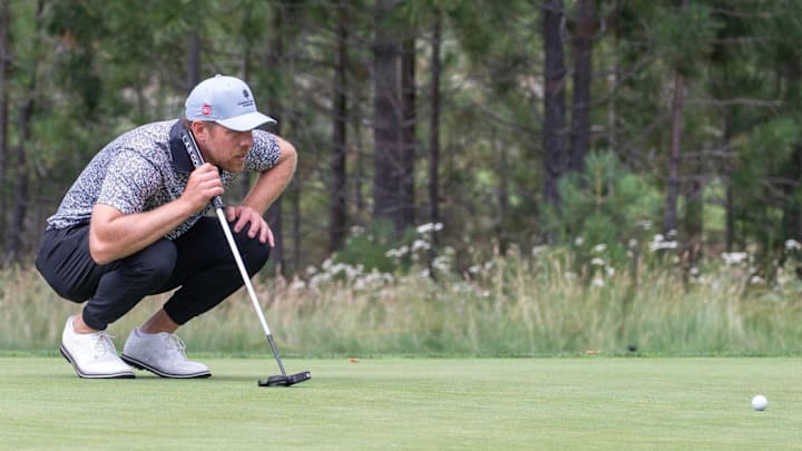 Joe Pavelski lines up a putt during the final round of the American Century Celebrity Championship golf tournament at Edgewood Tahoe Golf Course in Stateline, Nev., Sunday, July 14, 2024.