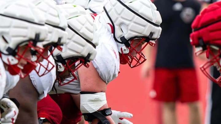 The Nebraska offensive line during preseason practice.