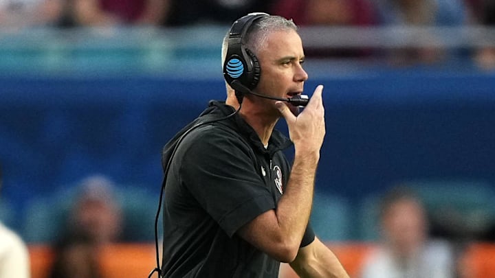 Dec 30, 2023; Miami Gardens, FL, USA; Florida State Seminoles head coach Mike Norvell during the first half against the Georgia Bulldogs in the 2023 Orange Bowl at Hard Rock Stadium. Mandatory Credit: Jasen Vinlove-Imagn Images Dec 30, 2023; Miami Gardens, FL, USA; Florida State Seminoles head coach Mike Norvell during the first half against the Georgia Bulldogs in the 2023 Orange Bowl at Hard Rock Stadium. Mandatory Credit: Jasen Vinlove-Imagn Images