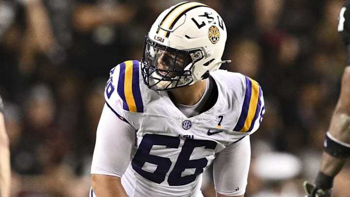 Oct 26, 2024; College Station, Texas, USA; LSU Tigers offensive tackle Will Campbell (66) lines up during the second quarter against the Texas A&M Aggies. The Aggies defeated the Tigers 38-23; at Kyle Field. Mandatory Credit: Maria Lysaker-Imagn Images.  