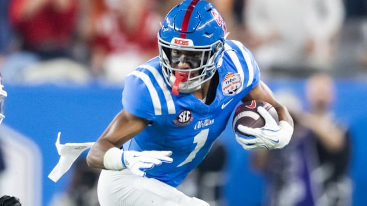 Jan 8, 2026; Glendale, AZ, USA; Mississippi Rebels wide receiver De'Zhaun Stribling (1) against the Miami Hurricanes during the 2026 Fiesta Bowl and semifinal game of the College Football Playoff at State Farm Stadium. Mandatory Credit: Mark J. Rebilas-Imagn Images