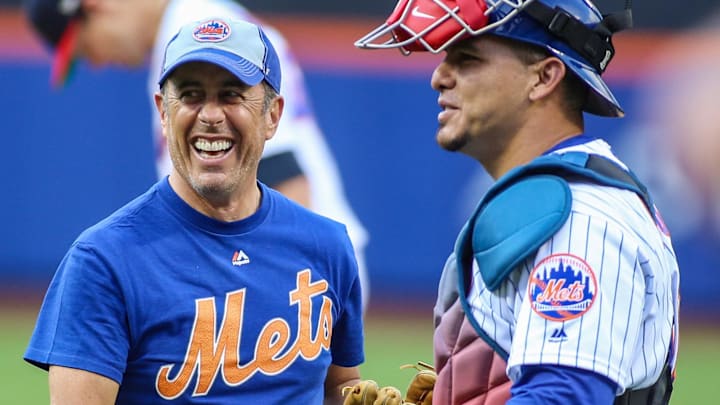 Jul 5, 2019; New York City, NY, USA; American comedian Jerry Seinfeld and New York Mets catcher Wilson Ramos (40) at Citi Field. Mandatory Credit: Wendell Cruz-Imagn Images