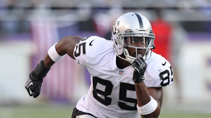 Nov 11, 2012; Baltimore, MD, USA;  Oakland Raiders wide receiver Darrius Heyward-Bey (85) during the game against the Baltimore Ravens at M&T Bank Stadium.  Mandatory Credit: Mitch Stringer-Imagn Images