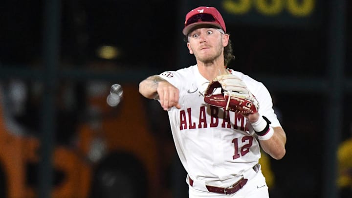 Mar 15, 2024; Tuscaloosa, Alabama, USA; Alabama infielder Gage Miller throws to first to record an