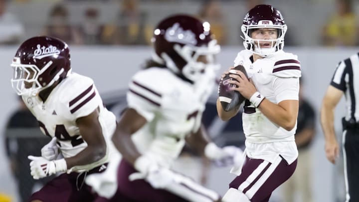 Mississippi State Bulldogs quarterback Blake Shapen (2) against the Arizona State Sun Devils at Mountain America Stadium. Mississippi State Bulldogs quarterback Blake Shapen (2) against the Arizona State Sun Devils at Mountain America Stadium.