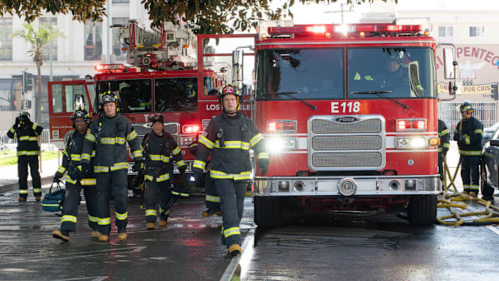 9-1-1 - ÒSick DayÓ - In part one of a two-part episode, the 118 is called to a research lab that has been set on fire and becomes a biohazard. THURSDAY, APRIL 10 (8:00-9:00 p.m. EDT), on ABC. (Disney/Christopher Willard)
AISHA HINDS, OLIVER STARK, KENNETH CHOI, PETER KRAUSE