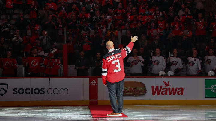Former New Jersey Devils defenseman Ken Daneyko is honored before the start of the Devils game . Mandatory Credit: Ed Mulholland-Imagn Images