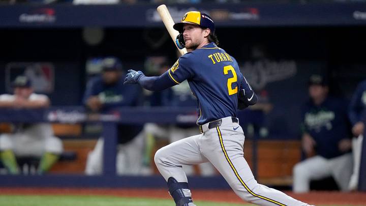 Milwaukee Brewers second baseman Brice Turang (2) hits a double against the Tampa Bay Rays during the ninth inning during Game 3 of the World Series at Tropicana Field in St. Petersburg, Fla. on Oct 26, 2026. Milwaukee Brewers second baseman Brice Turang (2) hits a double against the Tampa Bay Rays during the ninth inning during Game 3 of the World Series at Tropicana Field in St. Petersburg, Fla. on Oct 26, 2026.