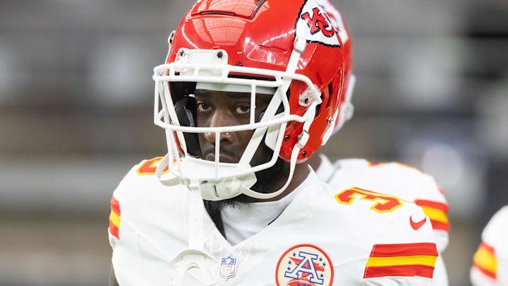 Aug 9, 2025; Glendale, Arizona, USA; Kansas City Chiefs cornerback Jaylen Watson (35) against the Arizona Cardinals during a preseason NFL game at State Farm Stadium. Mandatory Credit: Mark J. Rebilas-Imagn Images