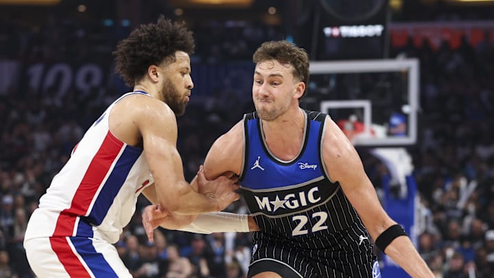 Apr 25, 2026; Orlando, Florida, USA; Orlando Magic forward Franz Wagner (22) is guarded by Detroit Pistons guard Cade Cunningham (2) in the third quarter during game three of the first round of the 2026 NBA Playoffs at Kia Center. Mandatory Credit: Nathan Ray Seebeck-Imagn Images