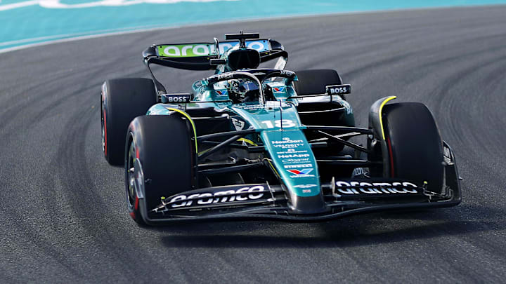 May 4, 2024; Miami Gardens, Florida, USA; Aston Martin driver Lance Stroll (18) during F1 qualifying for Miami Grand Prix at Miami International Autodrome. Mandatory Credit: Peter Casey-USA TODAY Sports