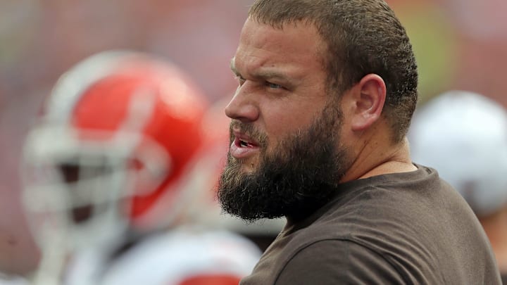 Browns guard Joel Bitonio watches from the sideline during the first half of a preseason game, Saturday, Aug. 17, 2024, in Cleveland. Browns guard Joel Bitonio watches from the sideline during the first half of a preseason game, Saturday, Aug. 17, 2024, in Cleveland.