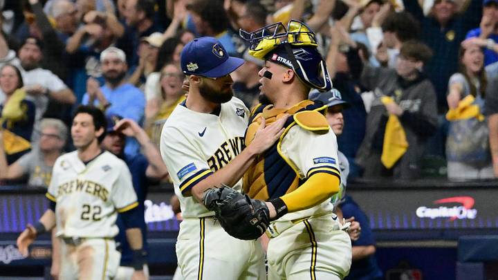 Oct 24, 2026; Milwaukee, Wisconsin, USA;  Milwaukee Brewers pitcher Aaron Ashby (26) celebrates with catcher William Contreras (24) after defeating the Tampa Bay Rays during the ninth inning in game two of the 2026 World Series at American Family Field.  Mandatory Credit: Benny Sieu-Imagn Images