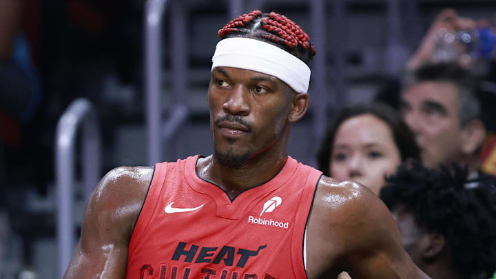 Nov 24, 2024; Miami, Florida, USA; Miami Heat forward Jimmy Butler (22) sits on the bench against the Dallas Mavericks during the second half at Kaseya Center. Mandatory Credit: Rhona Wise-Imagn Images Nov 24, 2024; Miami, Florida, USA; Miami Heat forward Jimmy Butler (22) sits on the bench against the Dallas Mavericks during the second half at Kaseya Center. Mandatory Credit: Rhona Wise-Imagn Images