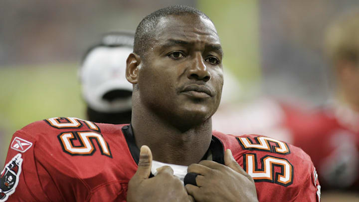 Aug 9, 2008; Houston, TX, USA; Tampa Bay Buccaneers linebacker Derrick Brooks (55) against the Houston Texans in the third quarter at Reliant Stadium. Mandatory Credit: Brett Davis-Imagn Images Aug 9, 2008; Houston, TX, USA; Tampa Bay Buccaneers linebacker Derrick Brooks (55) against the Houston Texans in the third quarter at Reliant Stadium. Mandatory Credit: Brett Davis-Imagn Images