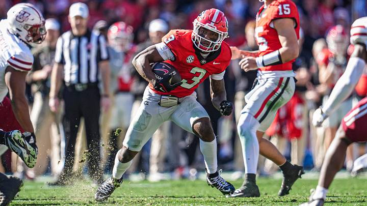 Nov 23, 2024; Athens, Georgia, USA; Georgia Bulldogs running back Nate Frazier (3) runs against the Massachusetts Minutemen at Sanford Stadium. Mandatory Credit: Dale Zanine-Imagn Images