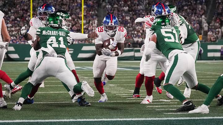 New York Giants running back Tyrone Tracy Jr. (29) runs the ball during a game against the New York Jets at MetLife Stadium, Aug 28, 2026, East Rutherford, NJ, USA. New York Giants running back Tyrone Tracy Jr. (29) runs the ball during a game against the New York Jets at MetLife Stadium, Aug 28, 2026, East Rutherford, NJ, USA.