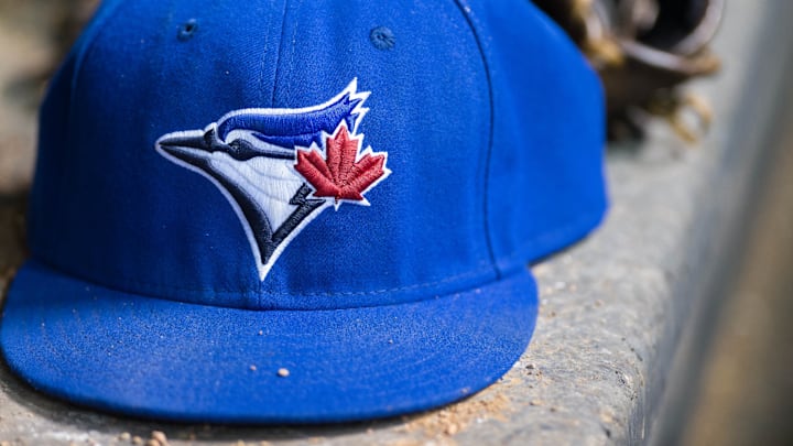 May 16, 2014; Arlington, TX, USA; A view of a Toronto Blue Jays ball cap and logo during the game