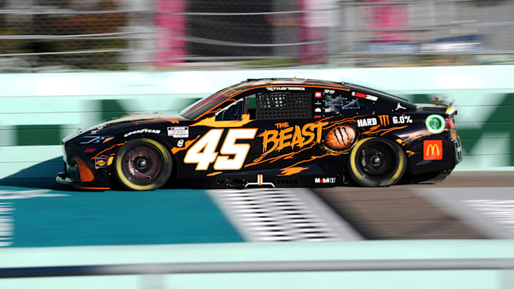 Oct 26, 2024; Homestead, Florida, USA; NASCAR Cup Series driver Tyler Reddick (45) during practice for the Straight Talk Wireless 400 at Homestead-Miami Speedway. Mandatory Credit: Jasen Vinlove-Imagn Images Oct 26, 2024; Homestead, Florida, USA; NASCAR Cup Series driver Tyler Reddick (45) during practice for the Straight Talk Wireless 400 at Homestead-Miami Speedway. Mandatory Credit: Jasen Vinlove-Imagn Images